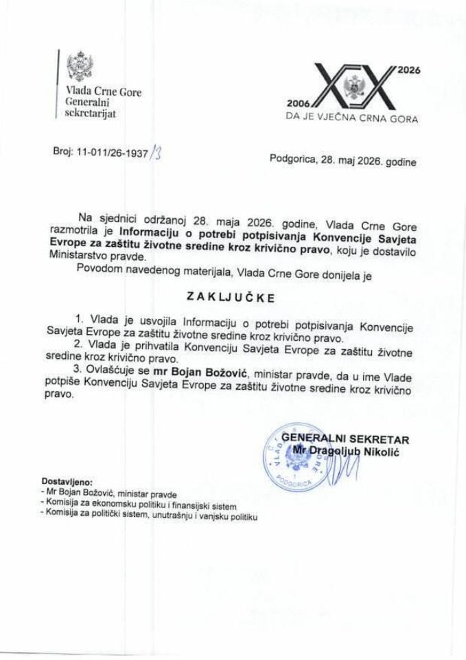 Informacija o potrebi potpisivanja Konvencije Savjeta Evrope za zaštitu životne sredine kroz krivično pravo - Zaključci