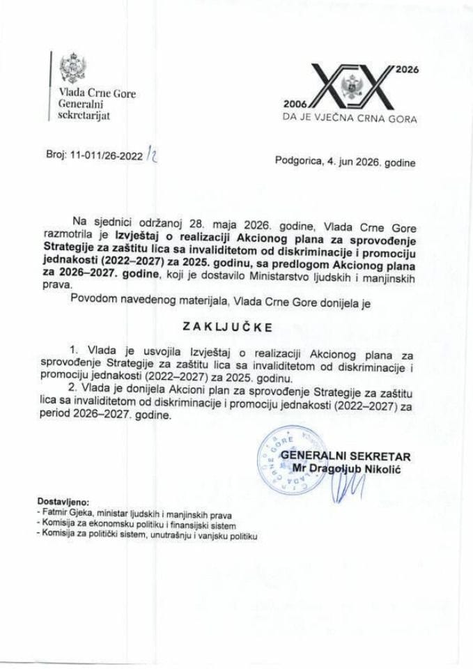 Izvještaj o realizaciji Akcionog plana za sprovođenje Strategije za zaštitu lica sa invaliditetom od diskriminacije i promociju jednakosti (2022-2027) za 2025. godinu sa Predlogom akcionog plana za period 2026-2027. godine - Zaključci