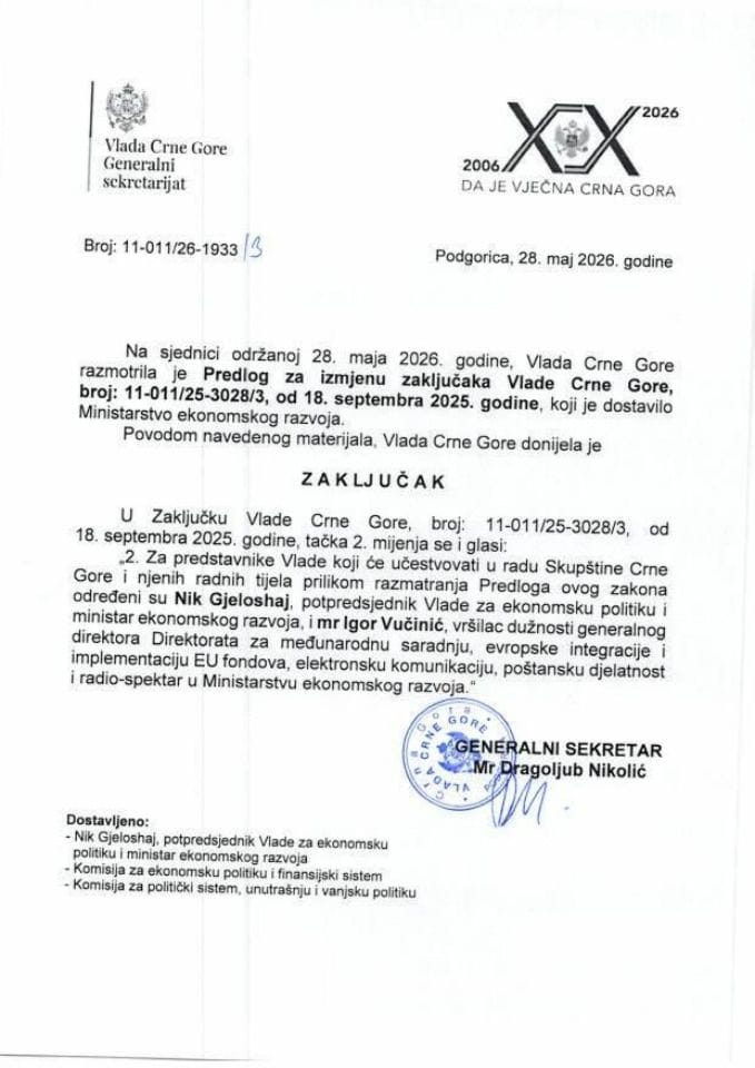Predlog za izmjenu zaključaka Vlade Crne Gore, broj: 11-011/25-3028/3, od 18. septembra 2025. godine - Zaključci