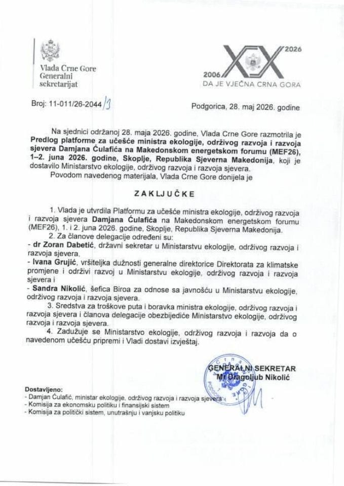 Predlog platforme za učešće ministra ekologije, održivog razvoja i razvoja sjevera Damjana Ćulafića na Makedonskom energetskom forumu (MAEF), 1-2. jun 2026. godine, Skoplje, Republika Sjeverna Makedonija - Zaključci