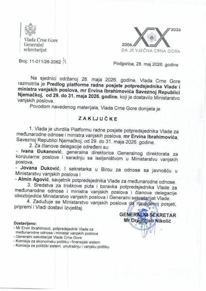 Predlog platforme radne posjete potpredsjednika Vlade i ministra vanjskih poslova mr Ervina Ibrahimovića Saveznoj Republici Njemačkoj, od 29. do 31. maja 2026. godine - Zaključci