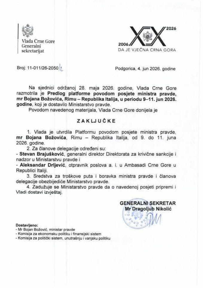 Predlog platforme povodom posjete ministra pravde mr Bojana Božovića Rimu - Republika Italija, u periodu 9 - 11. jun 2026. godine - Zaključci