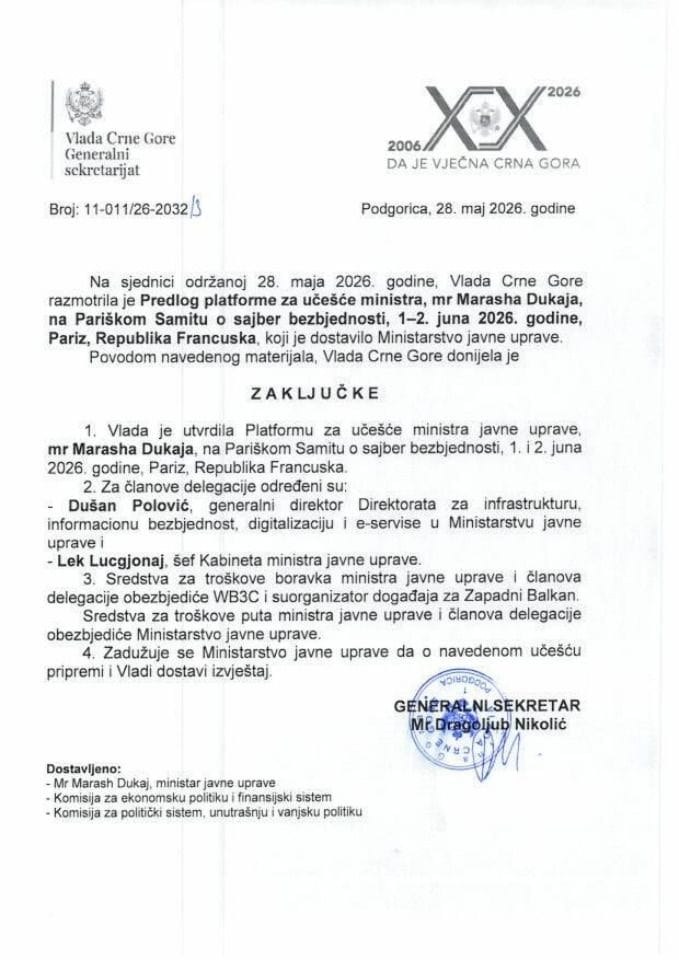Predlog platforme za učešće ministra mr Marasha Dukaja na Pariškom Samitu o sajber bezbjednosti, 1 - 2. jun 2026. godine, Pariz, Republika Francuska - Zaključci