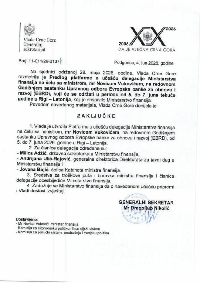 Predlog platforme o učešću delegacije Ministarstva finansija na čelu sa ministrom mr Novicom Vukovićem, na redovnom Godišnjem sastanku Upravnog odbora Evropske banke za obnovu i razvoj (EBRD) - Zaključci