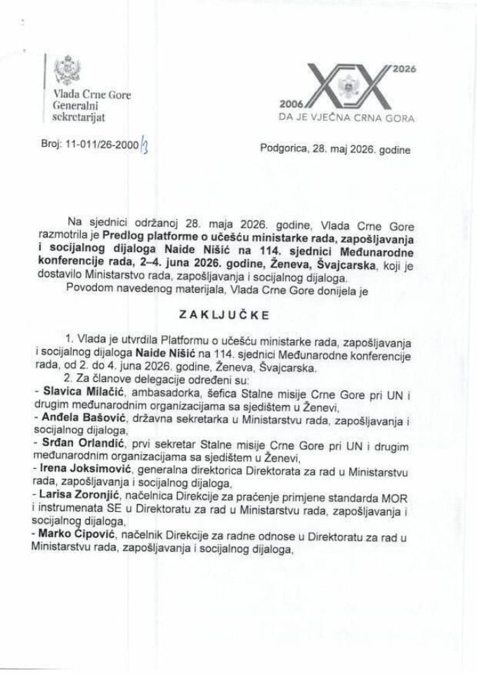 Predlog platforme o učešću ministarke rada, zapošljavanja i socijalnog dijaloga Naide Nišić na 114. sjednici Međunarodne konferencije rada, 2 - 4. jun 2026. godine, Ženeva, Švajcarska - Zaključci