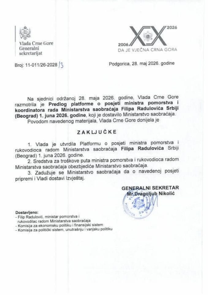 Predlog platforme o posjeti ministra pomorstva i koordinatora rada Ministarstva saobraćaja Filipa Radulovića Srbiji (Beograd) 1. juna 2026. godine - Zaključci
