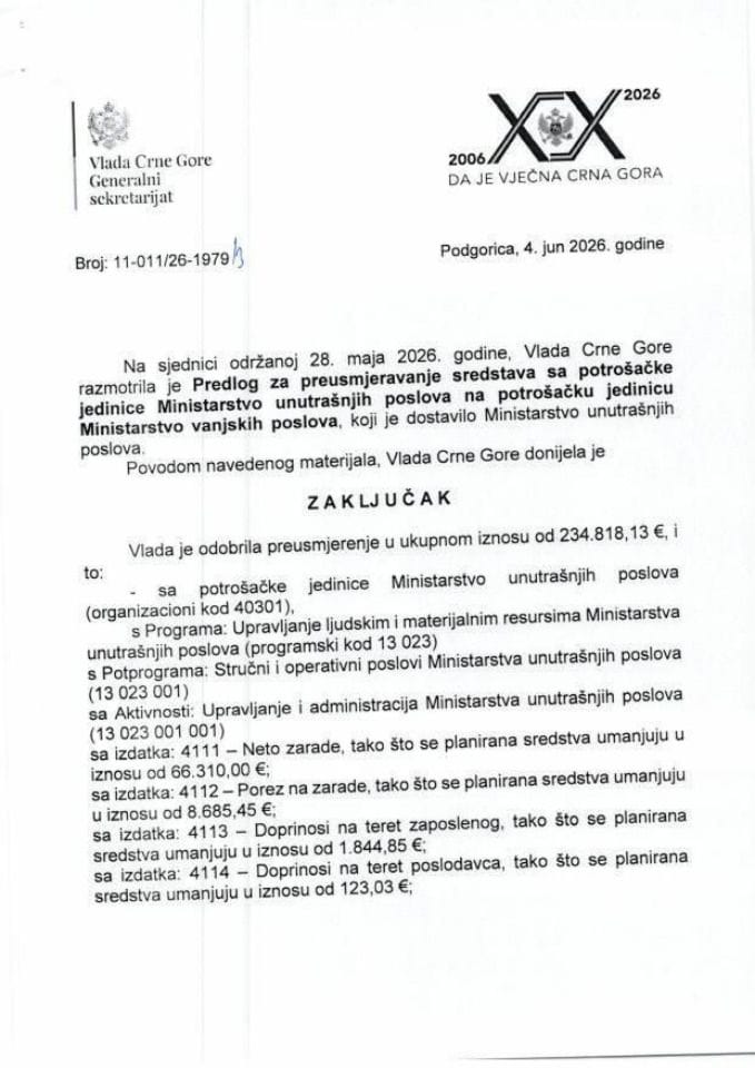 Predlog za preusmjeravanje sredstava sa potrašačke jedinice Ministarstvo unutrašnjih poslova na potrošačku jedinicu Ministarstvo vanjskih poslova -Zaključci