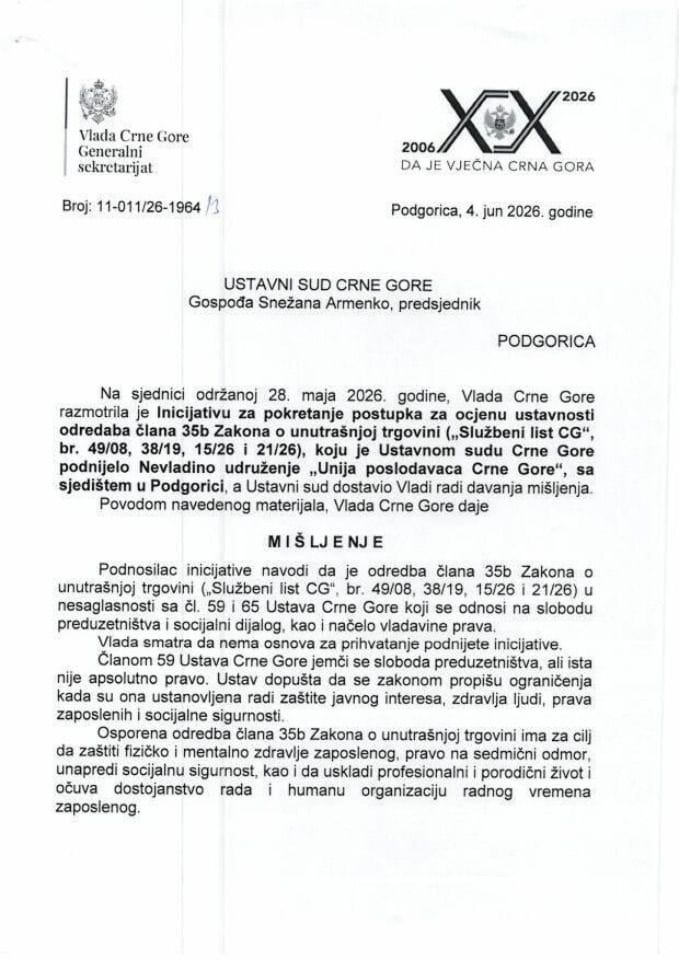 Predlog mišljenja na Inicijativu za pokretanje postupka za ocjenu ustavnosti odredaba člana 35b Zakona o unutrašnjoj trgovini („Službeni list CG“, br. 49/08, 38/19, 15/26 i 21/26), koju je podnijelo Nevladino udruženje „Unija poslodavaca Crne Gore“ - Zaključci
