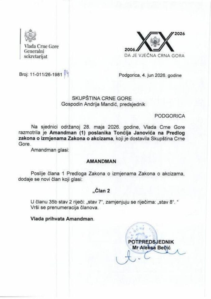 Predlog mišljenja na amandman (1) na Predlog zakona o izmjenama Zakona o akcizama (predlagač poslanik Tonći Janović) - Zaključci
