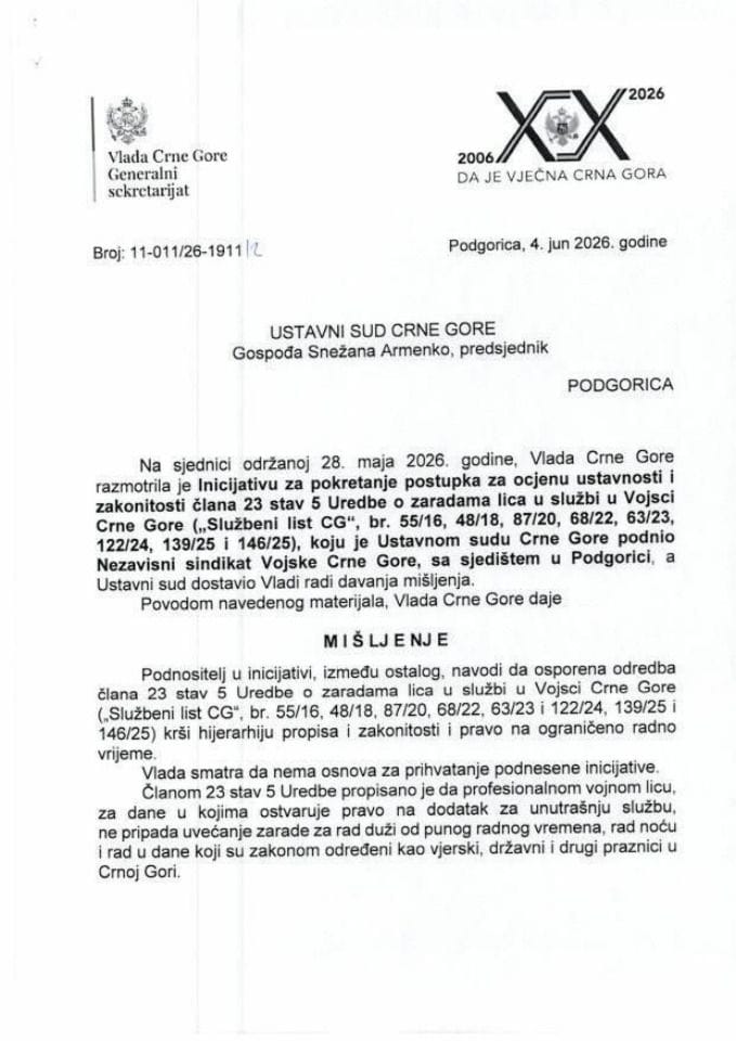 Predlog mišljenja na Inicijativu za pokretanje postupka za ocjenu ustavnosti i zakonitosti člana 23 stav 5 Uredbe o zaradama lica u službi u Vojsci Crne Gore - Zaključci
