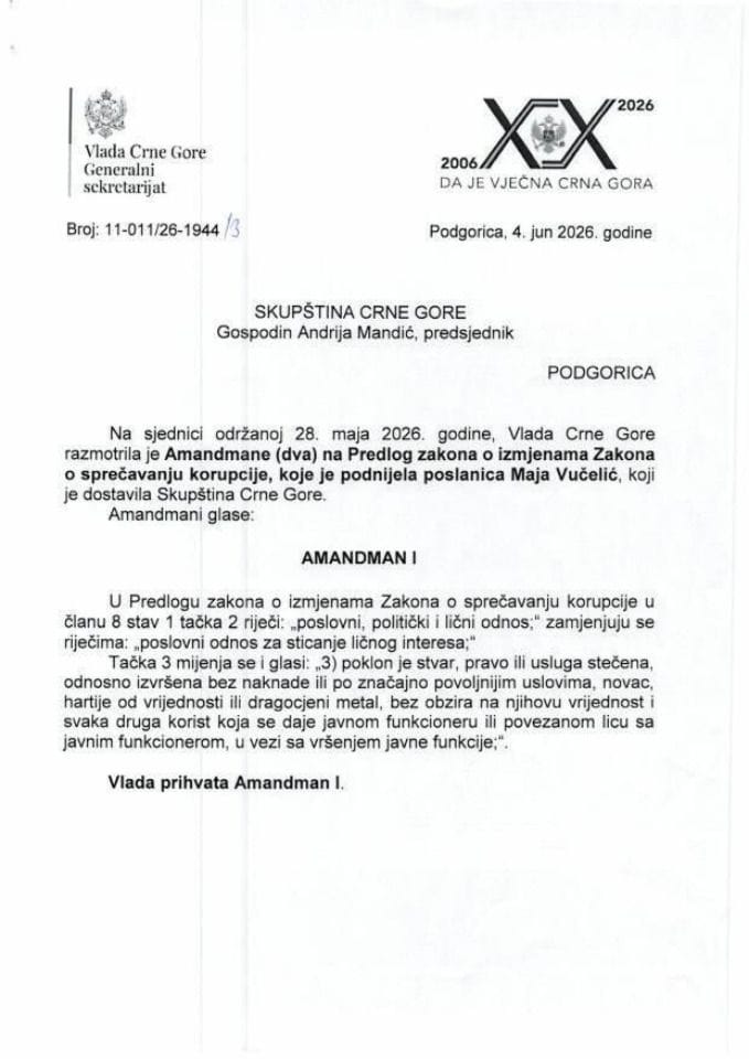 Predlog mišljenja na amandmane (dva) na Predlog zakona o izmjenama Zakona o sprečavanju korupcije (predlagač poslanica Maja Vučelić) - Zaključci