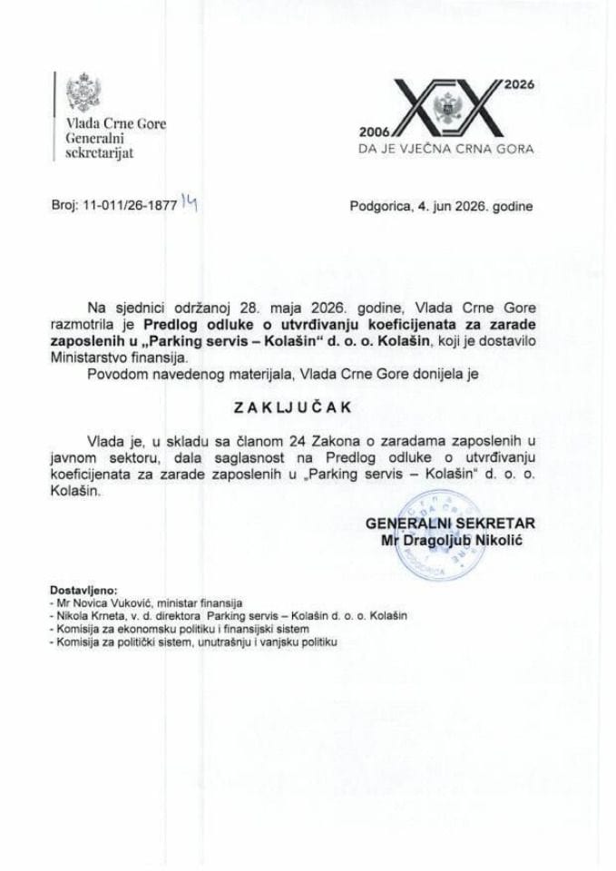 Predlog odluke o utvrđivanju koeficijenata za zarade zaposlenih u „Parking servis - Kolašin“ DOO Kolašin - Zaključci