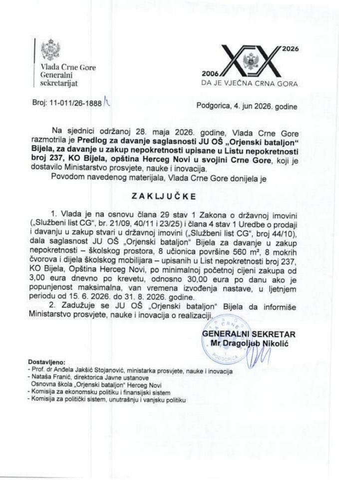 Predlog za davanje saglasnosti JU OŠ „Orjenski bataljon“ Bijela, za davanje u zakup nepokretnosti upisane u listu nepokretnosti broj 237 KO Bijela, opština Herceg Novi u svojini Crne Gore - Zaključci