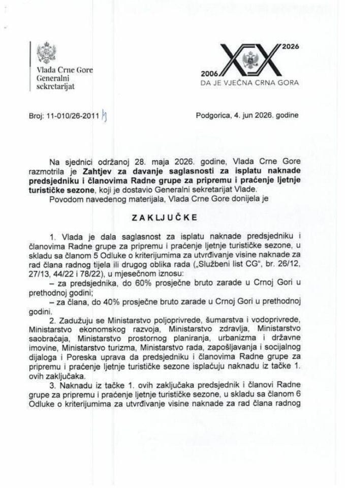 Zahtjev za davanje saglasnosti za isplatu naknade predsjedniku i članovima Radne grupe za pripremu i praćenje ljetnje turističke sezone - Zaključci