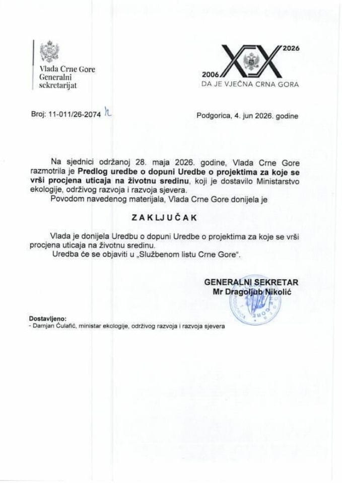 Predlog uredbe o dopuni Uredbe o projektima za koje se vrši procjena uticaja na životnu sredinu - Zaključci