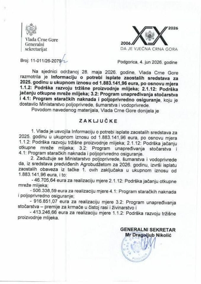 Informaciju o potrebi isplate zaostalih sredstava za 2025. godinu u ukupnom iznosu od 1.883.141,96 eura, po osnovu mjera 1.1.2: Podrška razvoju tržišne proizvodnje mlijeka... - Zaključci