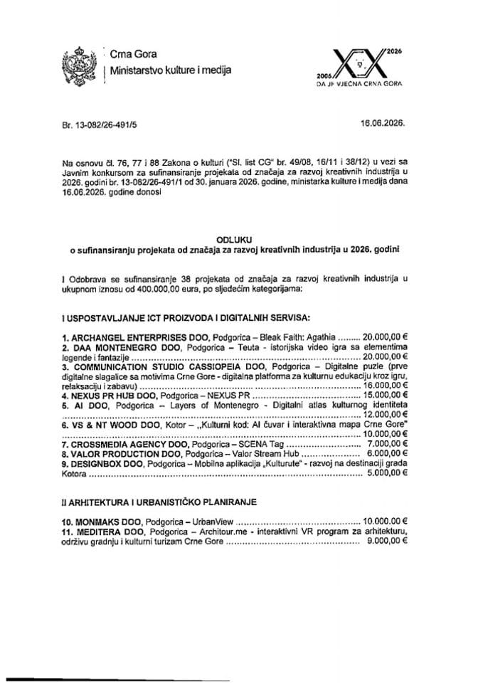 Одлука о суфинансирању пројеката од значаја за развој креативних индустрија у 2026. години