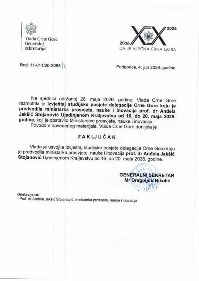 Izvještaj sa studijske posjete delegacije Crne Gore koju je predvodila ministarka prosvjete, nauke i inovacija prof. dr Anđela Jakšić Stojanović Ujedinjenom Kraljevstvu, od 16. do 20. maja 2026. godine - Zaključci