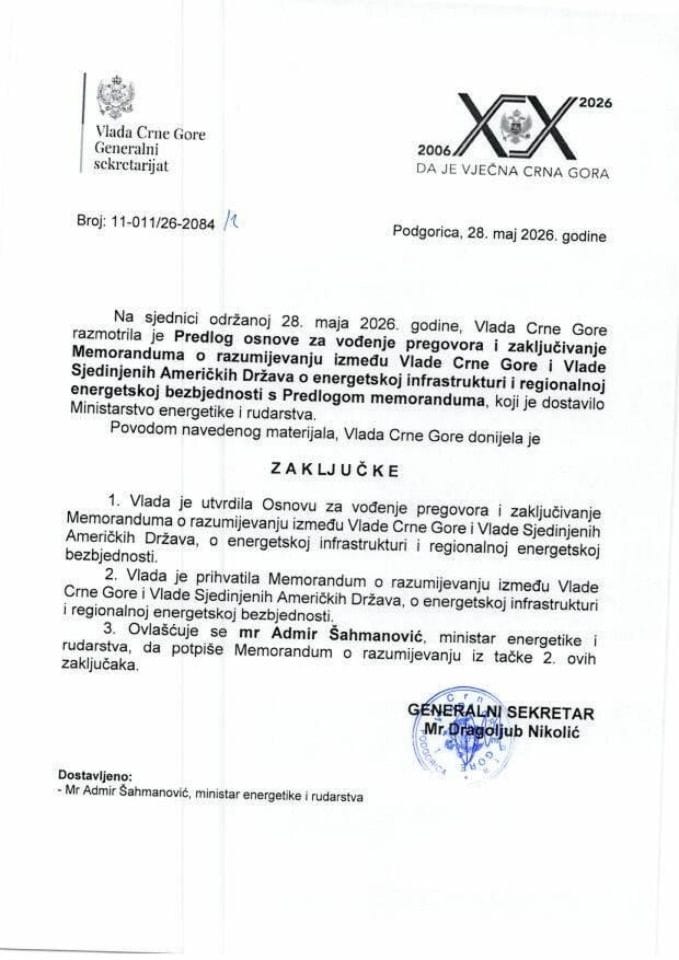 Predlog osnove za vođenje pregovora i zaključivanje Memoranduma o razumijevanju između Vlade Crne Gore i Vlade Sjedinjenih Američkih Država o energetskoj infrastrukturi i regionalnoj energetskoj bezbjednosti s Predlogom memoranduma - Zaključci