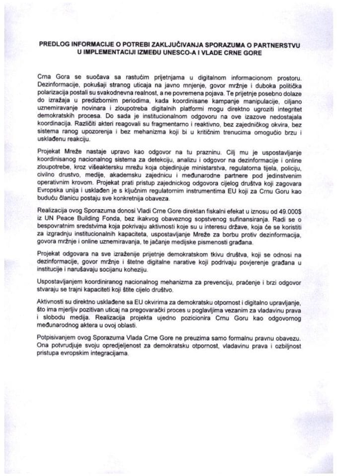 Informacija o potrebi zaključivanja Sporazuma o partnerstvu u implementaciji između UNESCO-a i Vlade Crne Gore s Predlogom sporazuma