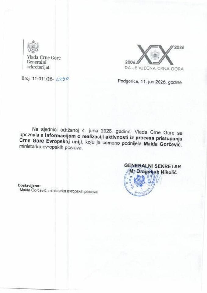 Usmena informacija o realizaciji aktivnosti iz procesa pristupanja Crne Gore Evropskoj uniji - Zaključci