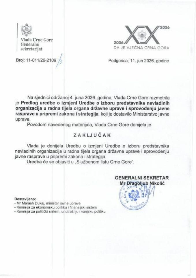 Предлог уредбе о измјени Уредбе о избору представника невладиних организација у радна тијела органа државне управе и спровођењу јавне расправе у припреми закона и стратегија - Закључци