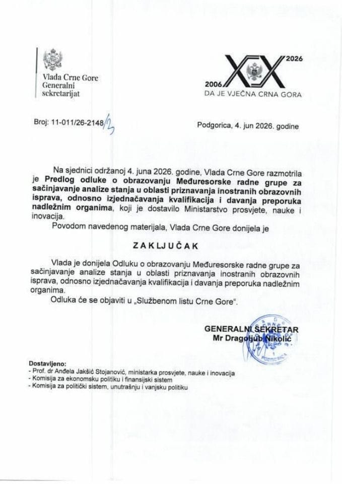 Predlog odluke o obrazovanju Međuresorske radne grupe za sačinjavanje analize stanja u oblasti priznavanja inostranih obrazovnih isprava, odnosno izjednačavanja kvalifikacija i davanja preporuka nadležnim organima - Zaključci