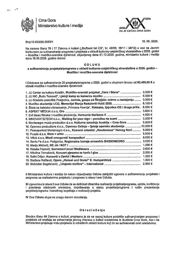 Одлука о суфинансирању пројеката и програма у 2026. години - Музичка и музичко-сценска дјелатност