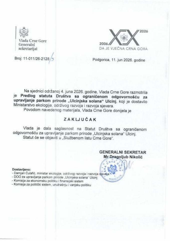Предлог статута Друштва са ограниченом одговорношћу за управљање парком природе „Улцињска солана“ Улцињ - Закључци