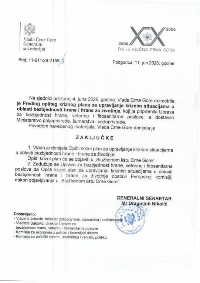 Predlog opšteg kriznog plana za upravljanje kriznim situacijama u oblasti bezbjednosti hrane i hrane za životinje - Zaključci