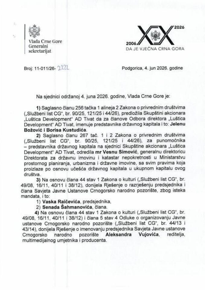 Kadrovska pitanja - 129. sjednica Vlade - Zaključci