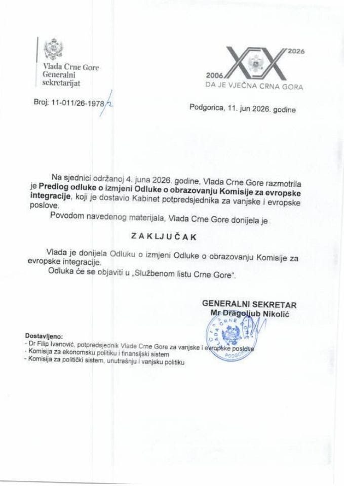 Predlog odluke o izmjeni i dopuni Odluke o obrazovanju Komisije za evropske integracije - Zaključci