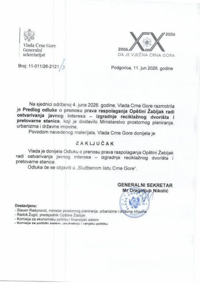 Predlog odluke o prenosu prava raspolaganja Opštini Žabljak, radi ostvarivanja javnog interesa - izgradnje reciklažnog dvorišta i pretovarne stanice - Zaključci