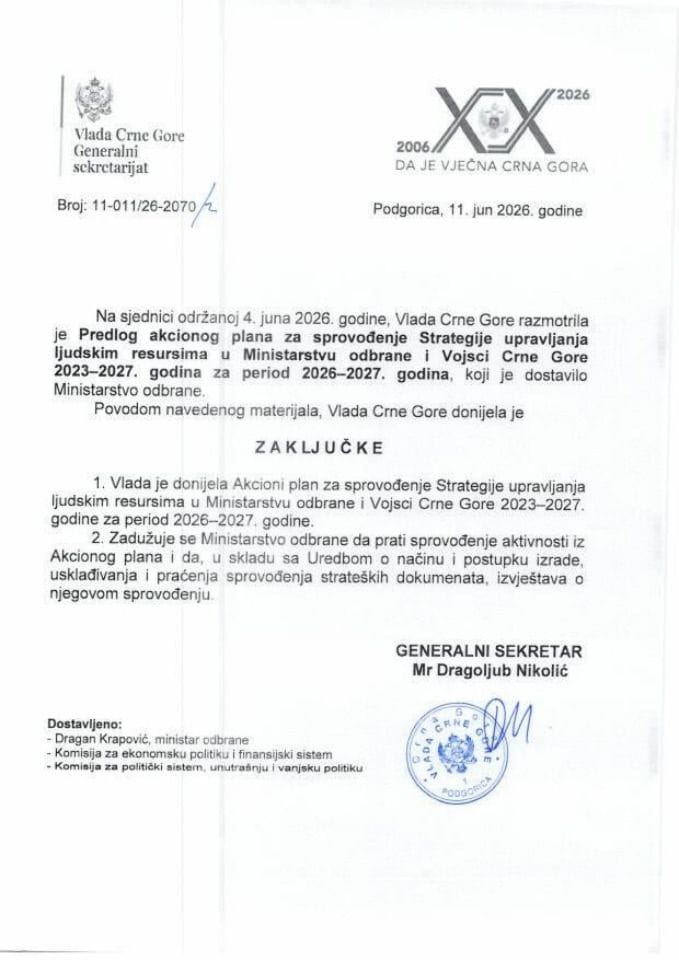 Predlog akcionog plana za sprovođenje Strategije upravljanja ljudskim resursima u Ministarstvu odbrane i Vojsci Crne Gore 2023-2027. godina za period 2026-2027. godina - Zaključci