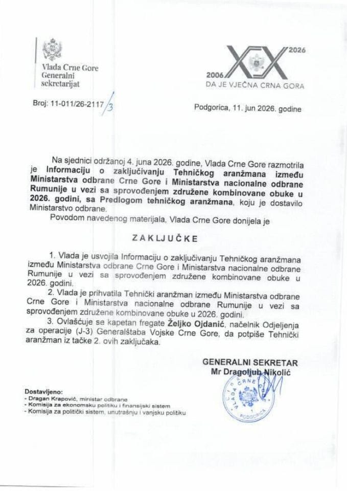 Informacija o zaključivanju Tehničkog aranžmana između Ministarstva odbrane Crne Gore i Ministarstva nacionalne odbrane Rumunije u vezi sa sprovođenjem združene kombinovane obuke u 2026. godini, sa Predlogom tehničkog aranžmana - Zaključci
