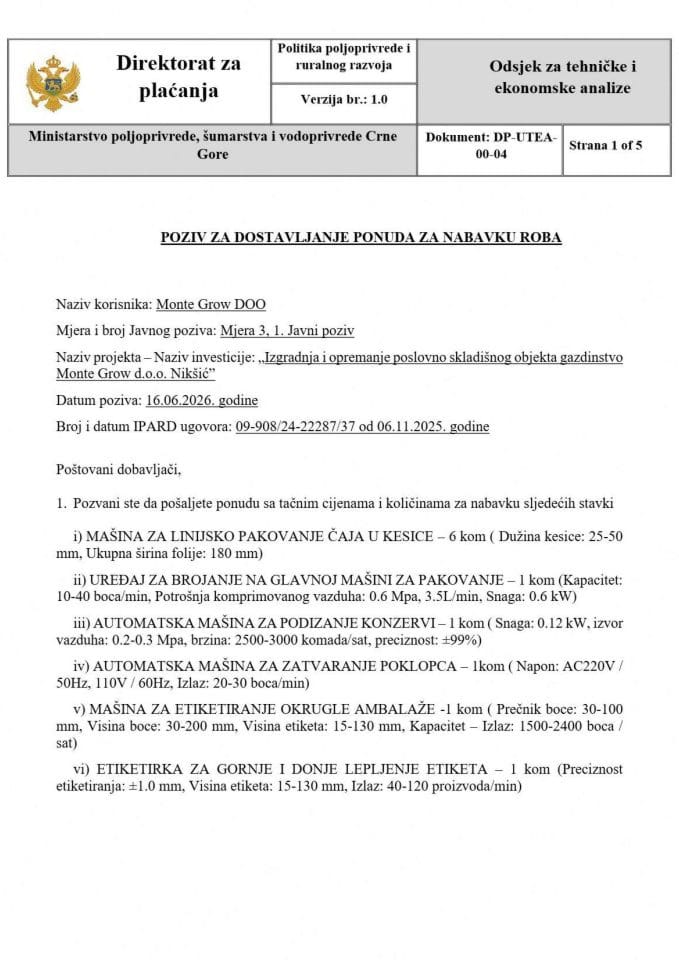 4 ME Mašine za proizvodnju i linijsko pakovanje čaja - Pozivi za nabavljanje robe - Obrazac popunjen-scan