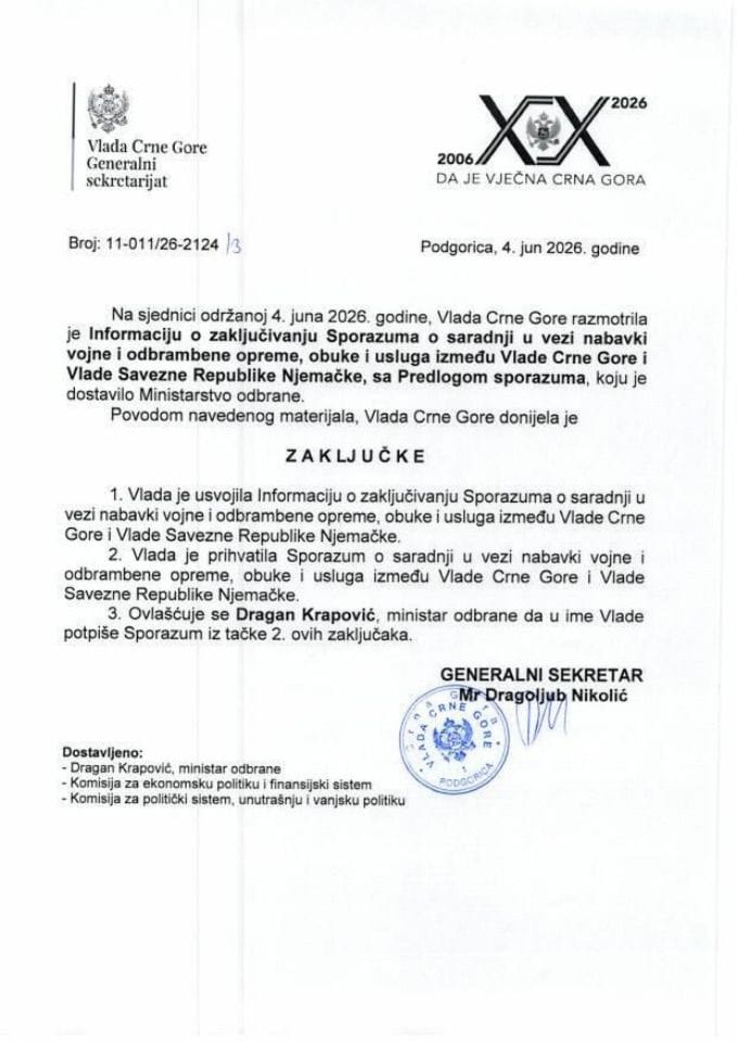 Информација о закључивању Споразума о сарадњи у вези набавки војне и одбрамбене опреме, обуке и услуга између Владе Црне Горе и Владе Савезне Републике Њемачке, са Предлогом споразума - Закључци