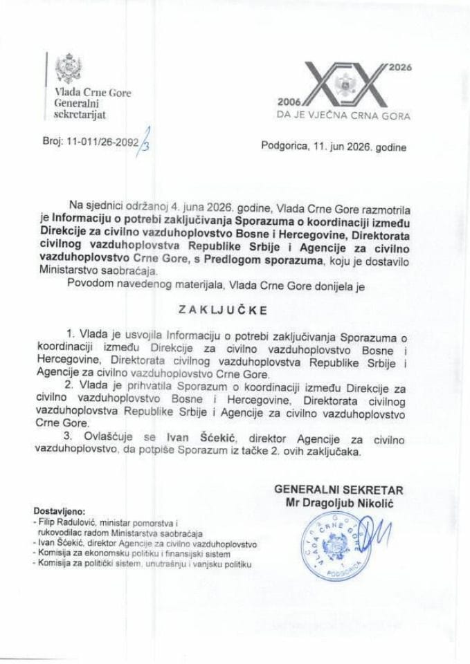 Informacija o potrebi zaključivanja Sporazuma o koordinaciji između Direkcije za civilno vazduhoplovstvo BiH, Direktorata civilnog vazduhoplovstva RS i Agencije za civilno vazduhoplovstvo CG s Predlogom sporazuma - Zaključci