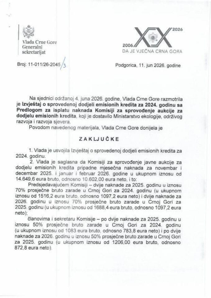 Izvještaj o sprovedenoj dodjeli emisionih kredita za 2024. godinu sa Predlogom za isplatu naknada Komisiji za sprovođenje aukcije za dodjelu emisionih kredita - Zaključci