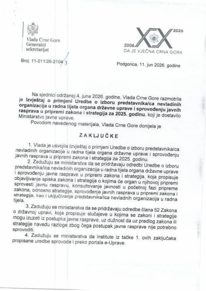 Izvještaj o primjeni Uredbe o izboru predstavnika/ca nevladinih organizacija u radna tijela organa državne uprave i sprovođenju javnih rasprava u pripremi zakona i strategija za 2025. godinu - Zaključci