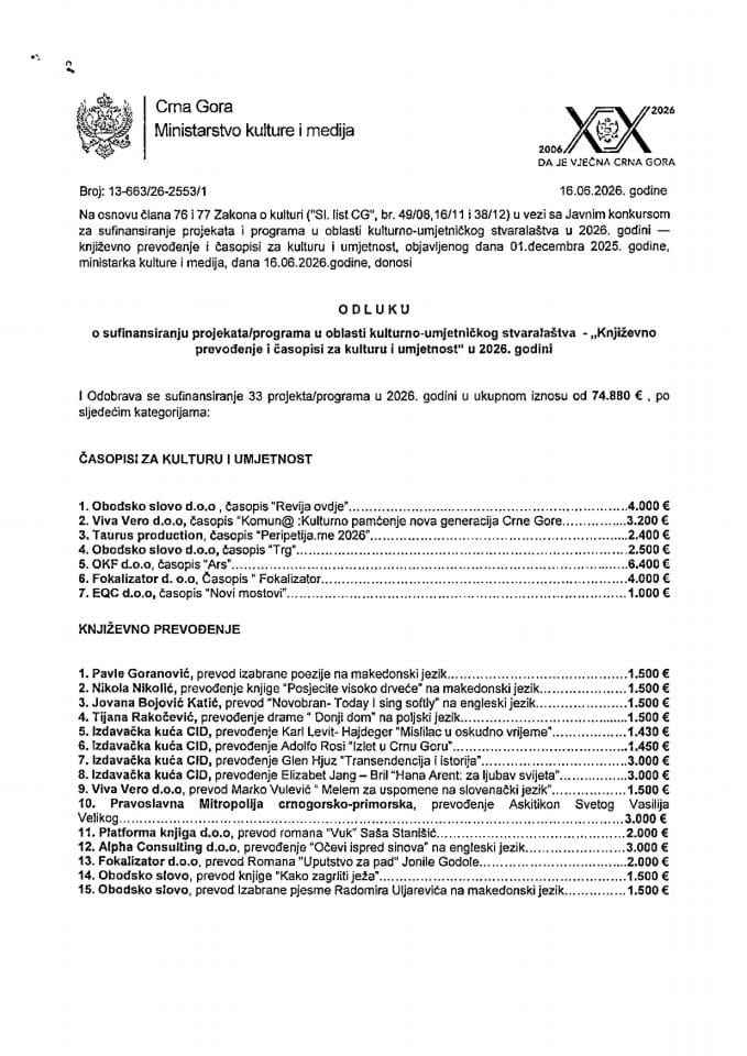 Odluka - Književno prevođenje i časopisi