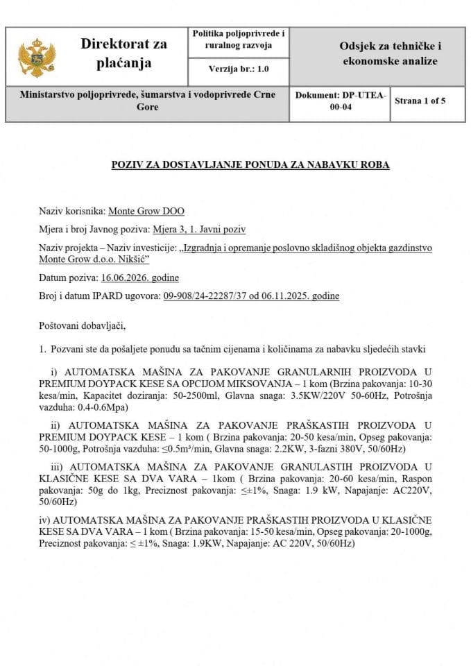 5 ME Mašine za pakovanje granulastih i praškastih proizvoda- Pozivi za nabavljanje robe - Obrazac popunjen-scan