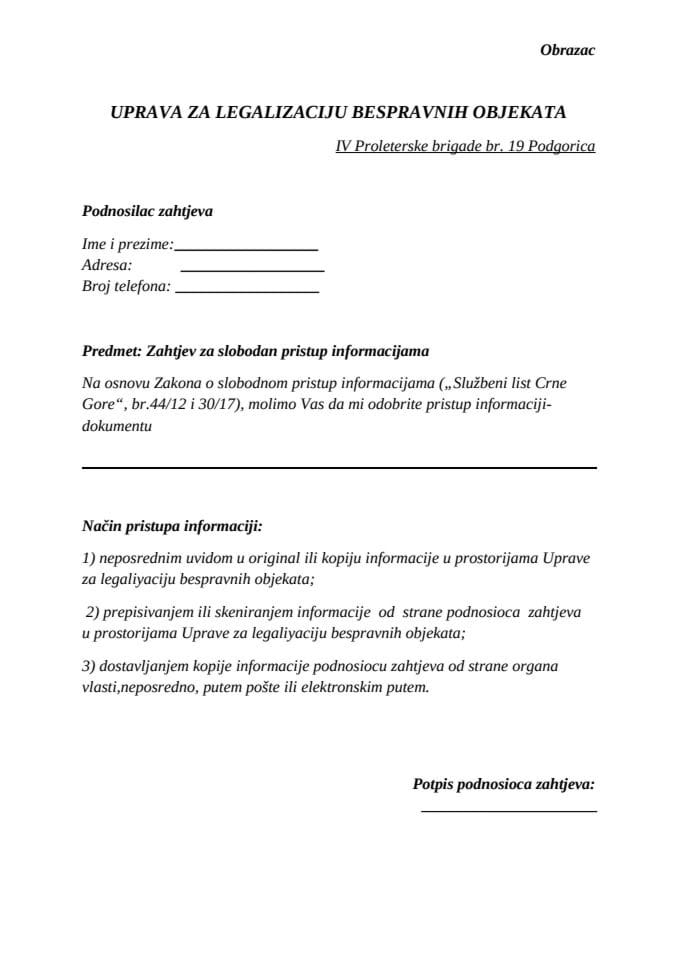 Obrazac za slobodan pristup informacijama Uprave za legalizaciju bespravnih objekata