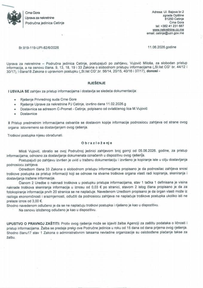 Rješenja o slobodnom pristupu informacijama - 17.06.2026.