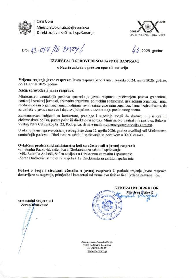 Izvještaj o sprovedenoj javnoj raspravi o Nacrtu Zakona o prevozu opasnih materija
