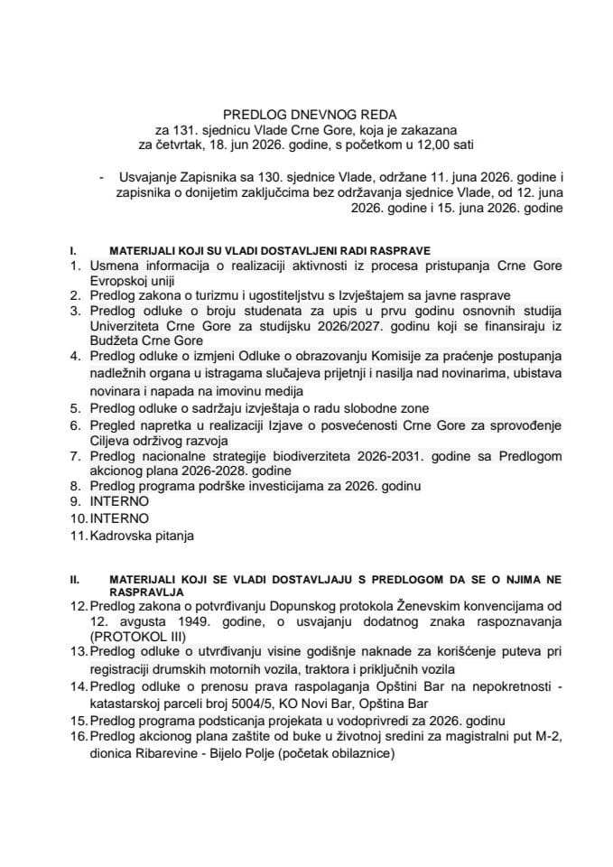 Predlog dnevnog reda za 130. sjednicu Vlade Crne Gore