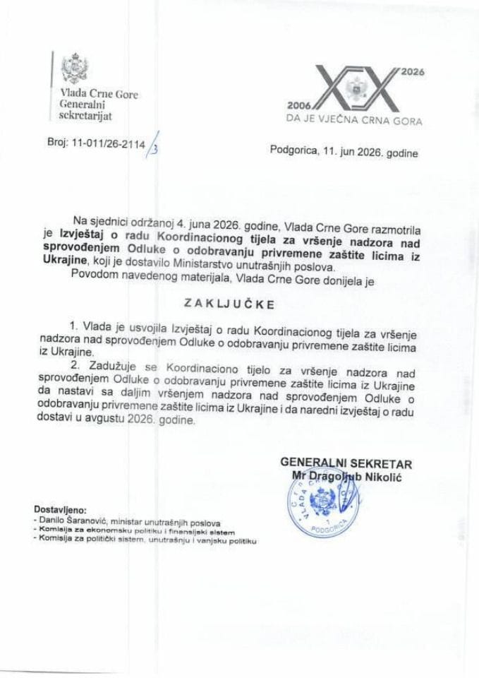 Izvještaj o radu Koordinacionog tijela za vršenje nadzora nad sprovođenjem Odluke o odobravanju privremene zaštite licima iz Ukrajine - zaključci