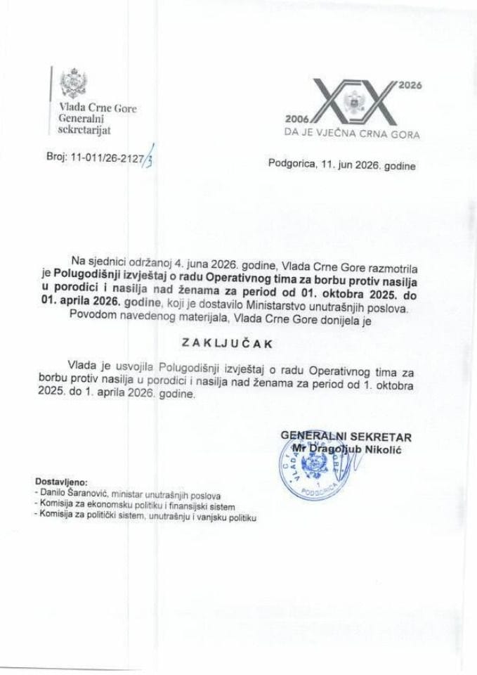 Polugodišnji izvještaj o radu Operativnog tima za borbu protiv nasilja u porodici i nasilja nad ženama za period od 01. oktobra 2025. do 1. aprila 2026. godine - zaključci
