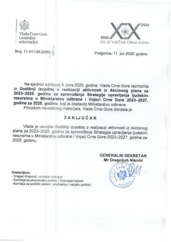 Godišnji izvještaj o realizaciji aktivnosti iz Akcionog plana za 2023-2025. godinu za sprovođenje Strategije upravljanja ljudskim resursima u Ministarstvu odbrane i Vojsci Crne Gore 2023-2027. godina, za 2025. godinu - zaključci