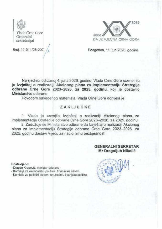 Izvještaj o realizaciji Akcionog plana za implementaciju Strategije odbrane Crne Gore 2023-2026, za 2025. godinu - zaključci